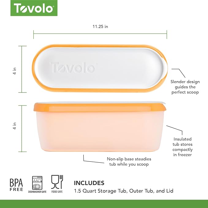 Tovolo Ice Cream Containers for Homemade Ice Cream Orange Crush, Glide A Scoop Ice Cream Tub for Reusable Ice Cream, 1.5 Quart BPA Free Insulated Freezer Safe Ice Cream Container with Lid