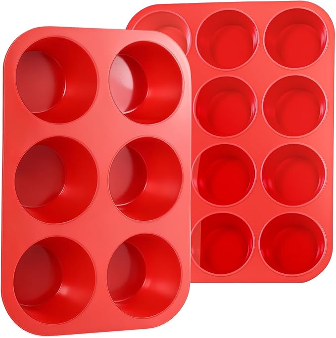 CAKETIME Silicone Muffin Pan, 2 Packs Jumbo 6 Cups and Regular 12 Cups for Baking Muffins, Cupcakes, Egg Bites, Frittatas