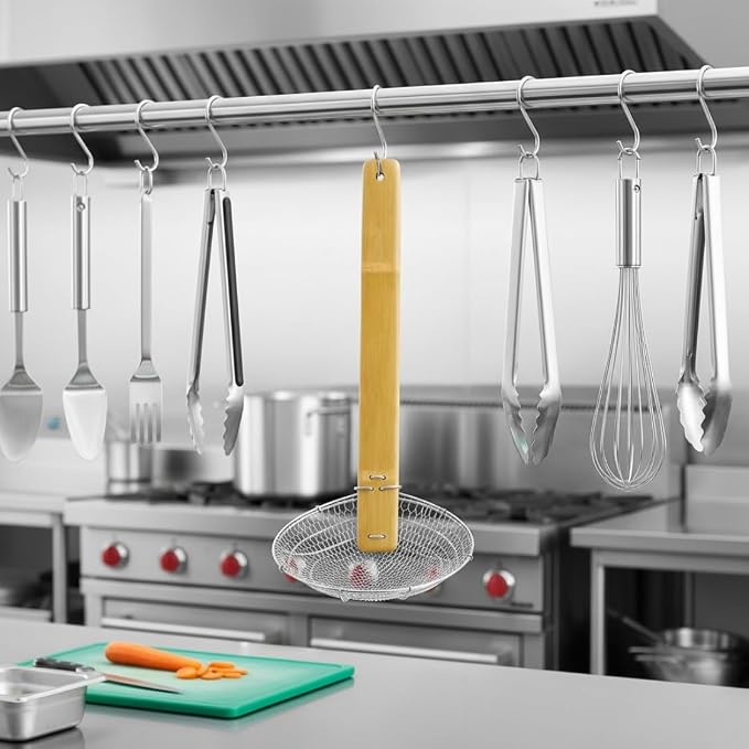 TrueCraftware- 8” Fine Mesh Skimmer Galvanized Steel with Natural Bamboo Handle- Spider Strainer Ladle Kitchen Frying Food Pasta Spaghetti for Cooking and Frying Pasta Strainer Spoon