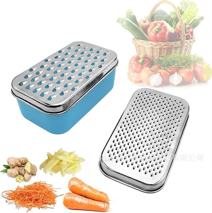 Cheese Grater with Food Saver Container 2 In1 Fruit Vegetable Chopper Onion Choppers with Container Stainless Steel Rectangle Box and Graters Cheese Grater Handheld Metal, White
