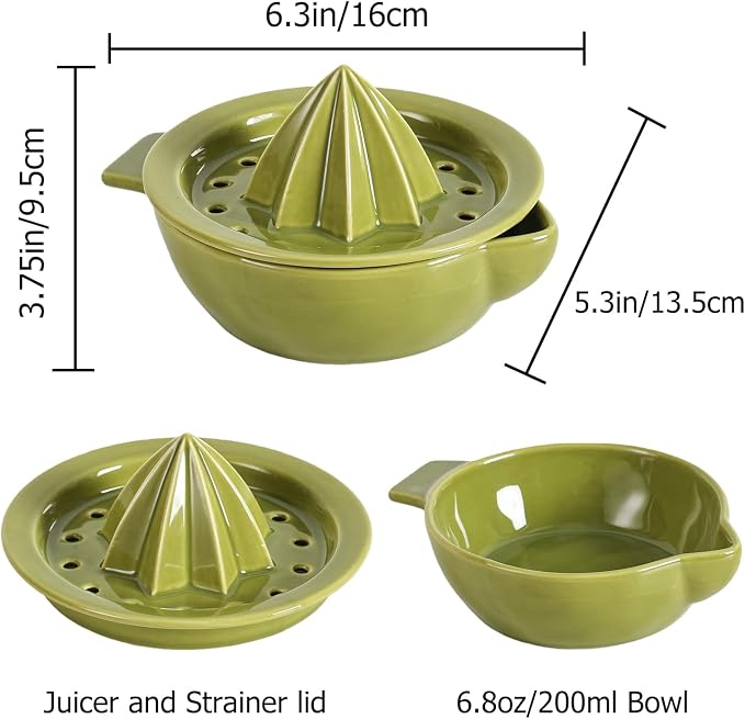 Ceramic Citrus Lemon Orange Juicer Manual Squeezer, Hand Juicer Reamer Rotation Press with 6.8oz Bowl, Strainer Lid, Spout, Handle, Dishwasher Safe, Easy to Clean