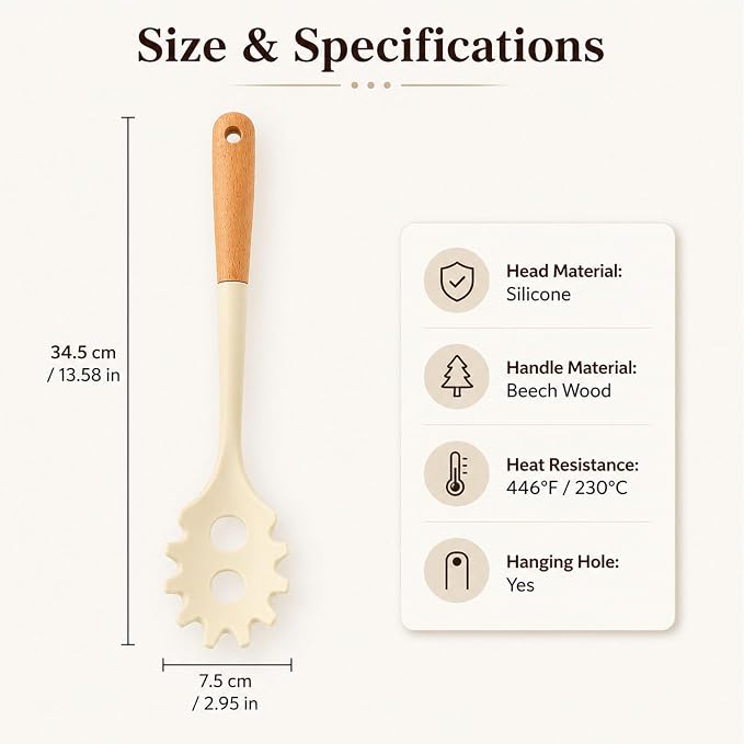 Silicone Pasta Server Spoon Nonstick Spaghetti Spoon with Wooden Handle Pasta Serving Spoon for Noodles Spaghetti Pasta Salad and Daily Cooking