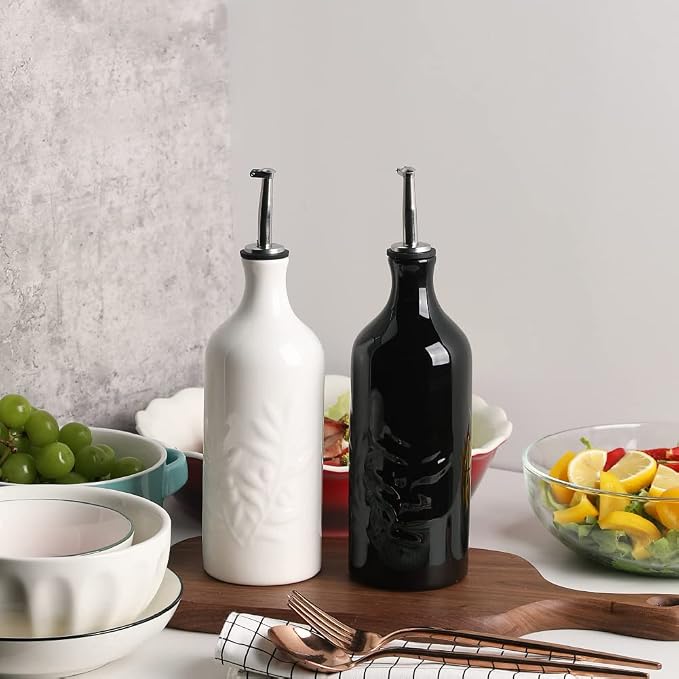 Sweejar Ceramic 20 Oz Olive Oil Dispenser Bottle, Relief Opaque Oil Cruet, Suitable for Storage Oil, Vinegar, Soy Sauce, Coffee Syrup, Liquids, Set of 1 (White)