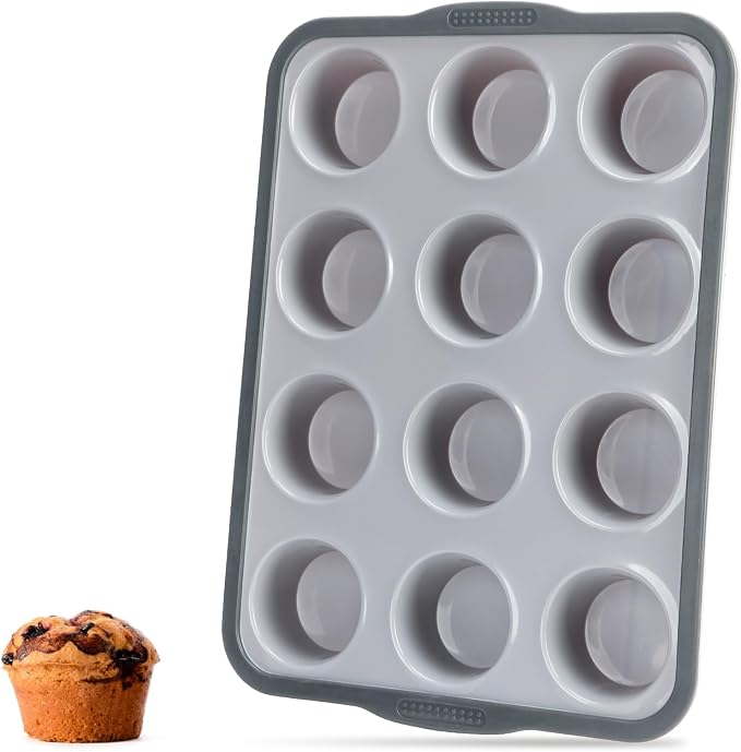 Aichoof 12 Cup Silicone Muffin Pan, Non-Stick Baking Mold w/Steel Frame | Food Grade Silicone, Heat Resistant -40°F to 440°F, Dishwasher Safe, Grey