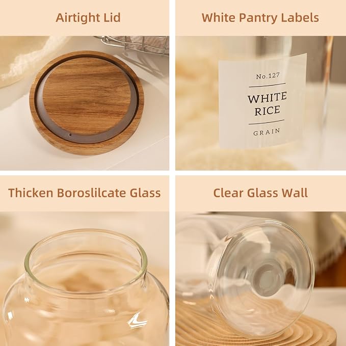 2 Pack Large Glass Flour and Sugar Storage Containers with Airtight Acacia Lids and 132 Kitchen Pantey Labels Preprint - 95 LF OZ Borosilicate Glass Canister Sets for Food,Spaghetti,Cookie,Rice
