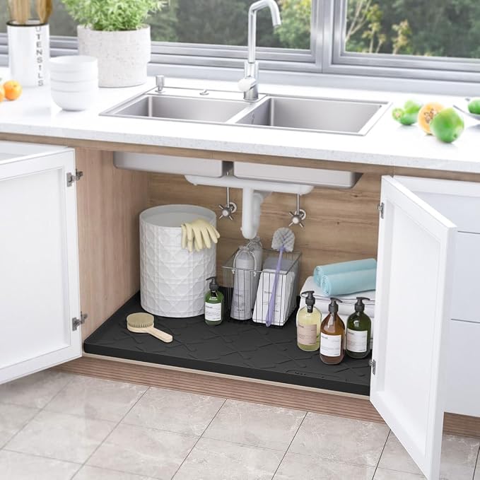 Waterproof Under Sink Mat 37" x 22" Silicone Mat Cabinet Protector | Heavy Duty Deep Drip Tray, Extra Thick Non Slip Liner for Kitchen & Bathroom, Pets, Organizer, Storage, Boots, Home Essential