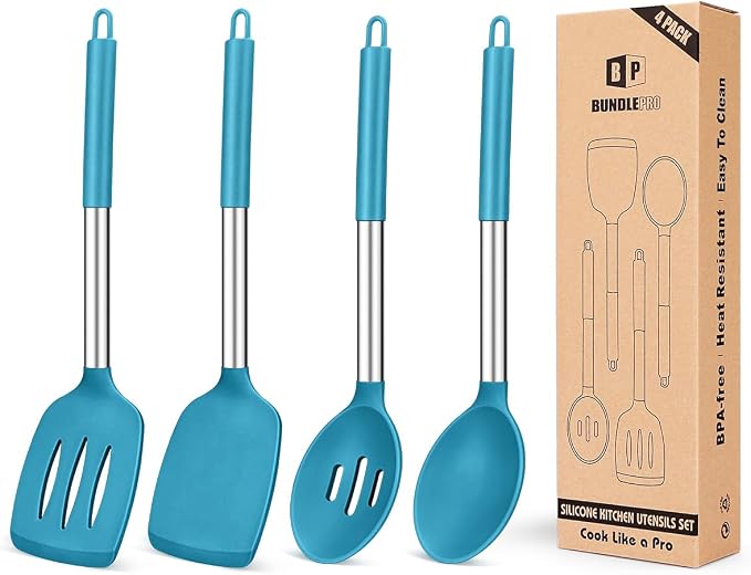 Pack of 4 Silicone Cooking Utensils Set, Non Stick Large Solid Spatulas, Heat Resistant Blue Slotted Spoons, Ideal BPA Free Kitchen Turners for Frying, Mixing,Serving,Draining,Turning,Stirring