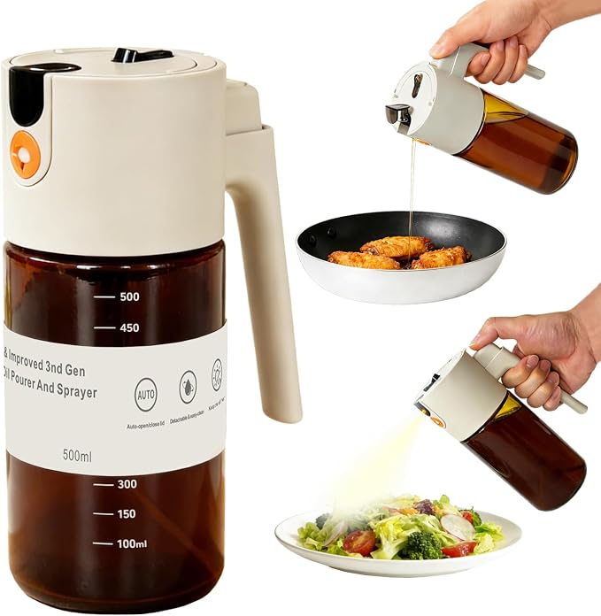 KEOUKE 2 in 1 Oil Sprayer & Dispenser for Cooking, 500ml Light-Blocking Glass Olive Oil Bottle with Gravity Sensing Cap, Ergonomic Push-Button Design for Air Fryer, BBQ, Salad