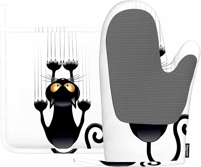 Mxocom Funny Cat Oven Mitt and Pot Holder with Silicone Black Cat Cartoon Scratching Wall Heat Resistant Kitchen for Cooking BBQ Baking Grilling Spring/Summer