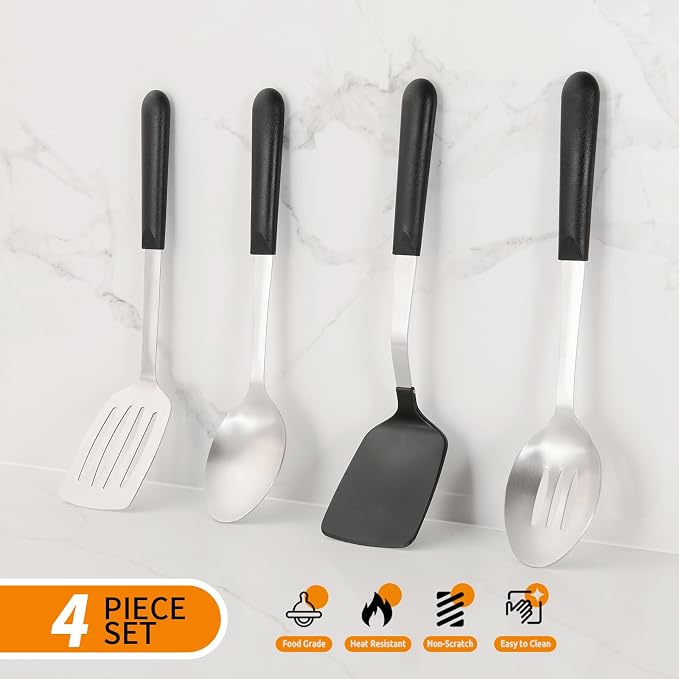 4 Pcs Cooking Utensils Set, Stainless Steel Kitchen Utensils, Heat Resistant Metal Kitchen Tools Include Solid, Slotted Turner, Serving Spoon, Non-Stick Wok Spatula, Dishwasher Safe, Silver
