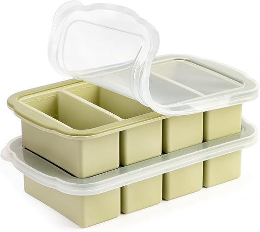 Aichoof 1 Cup Extra Large Silicone Ice Cube Freezing Trays with Silicone lid for soup saver, Freezer Container for broth,sauce, butter -makes 1cup ice Cube(2 PACK) (Light Green, 2 PACK)