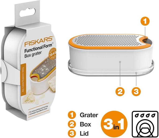 Fiskars Box Grater, With Container, Dimensions: 16.8 x 9.0 cm, Metal/Synthetic Material, Functional Form, 1019530