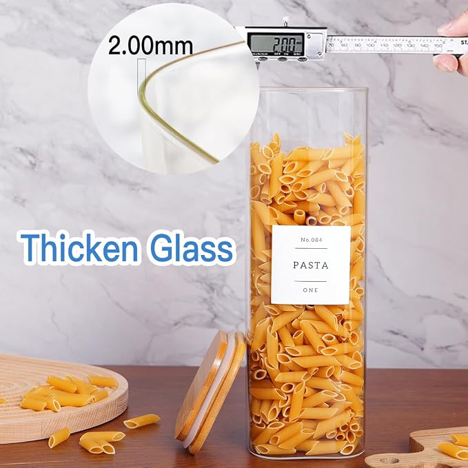 CZZGSM 3 Pack Square Kitchen Storage Jars with Airtight Bamboo Lids and 132 Pantry Labels - 80oz Glass Canisters with Wood Lids - Food Storage Containers for Spaghetti, Pasta, Fettuccine