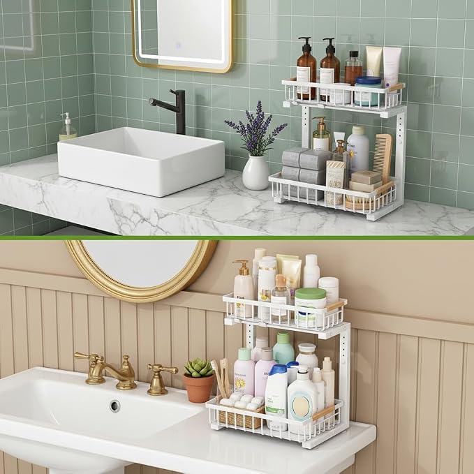 Under Sink Organizer 2 Pack, 11.7"W x 15.9"D x 13.8-16.9"H, White | Pull Out Kitchen Storage Cabinet Organizer, 2-Tier Under Sink Storage Rack for Bathroom Laundry Kitchen Storage with Drawer