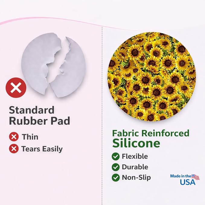 Andreas Silicone Jar Opener, Sunflower – 6.25" Non-Slip Lid Gripper & Garlic Peeler, Food and Dishwasher Safe, Multi-Use, Durable Silicone & Fabric, Made in the USA, JO-86