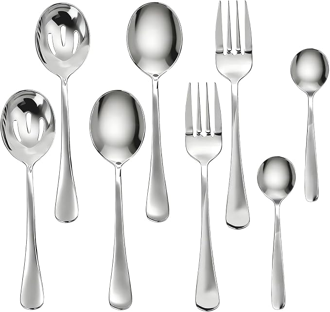8 PCS Serving Utensils,8.7 Inch Large Serving Spoons,Slotted Spoon,Forks,Mini Coffee Spoons,Stainless Steel Serving Sets for Buffet Catering Banquet Party,Dishwasher Safe (8 Pcs(Silver))