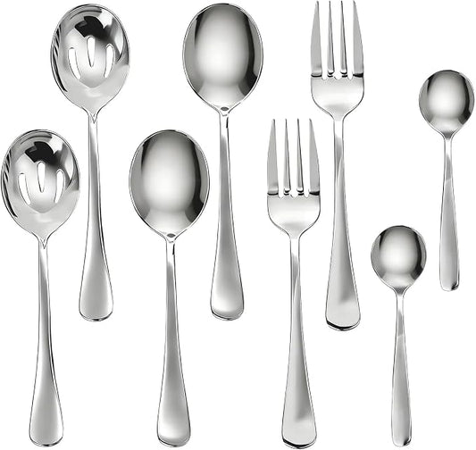 8 PCS Serving Utensils,8.7 Inch Large Serving Spoons,Slotted Spoon,Forks,Mini Coffee Spoons,Stainless Steel Serving Sets for Buffet Catering Banquet Party,Dishwasher Safe (8 Pcs(Silver))