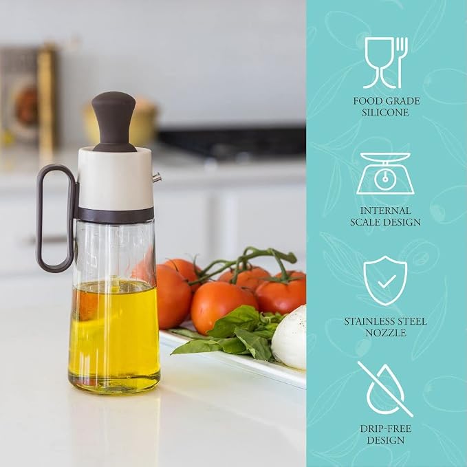 3-in-1 Olive Oil Dispenser Bottle for Kitchen with Brush and Straw Cleaner. Pour, Drizzle or Brush Vinegar, Soy Sauce and Cooking Oil Container. 18.6oz Glass Oil Cruet/Leakproof Spout (Brown)