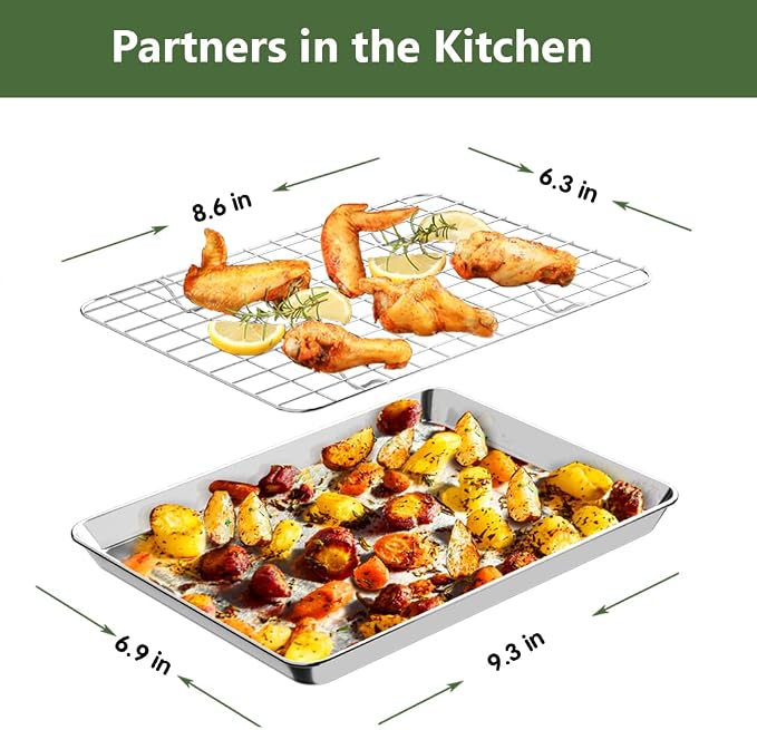 1/8 Baking Sheet Pan Cooling Rack Set, Stainless Steel 2 Pans + 2 Racks | 9x7x1 Inches Small Baking Sheet Pan with Nonstick, Warp Resistant, Heavy Duty Design for Baking, Roasting, and Cooking