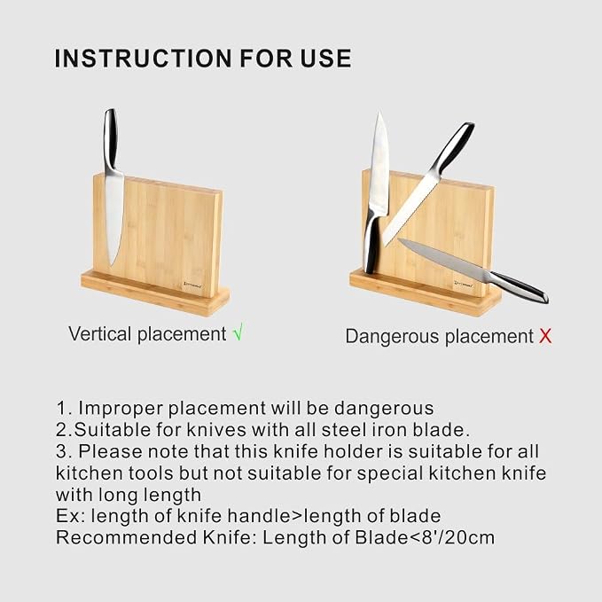 KITCHENDAO Luxury Double Sided Bamboo Magnetic Knife Block Holder without Knives with Enhanced Powerful Magnets, Cutlery Display Stand and Storage Rack Large Capacity, Easy to Reach, Easy to Clean