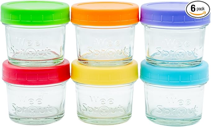 WeeSprout Glass Baby Food Storage Jars w/Lids (4 oz, 6 Pack Set) Snack, Puree, Reusable Small Containers, Breast Milk, Fridge or Freezer, Microwave & Dishwasher Safe, Essential Must Have for Infants