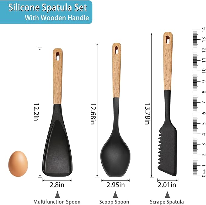 Silicone Spatula Set, 3Pcs Cooking Spatulas Spoons for Nonstick Cookware, Heat Resistant Multifunction Spoon with Wood Handle for Mixing, Scoop and Scrape (Black)