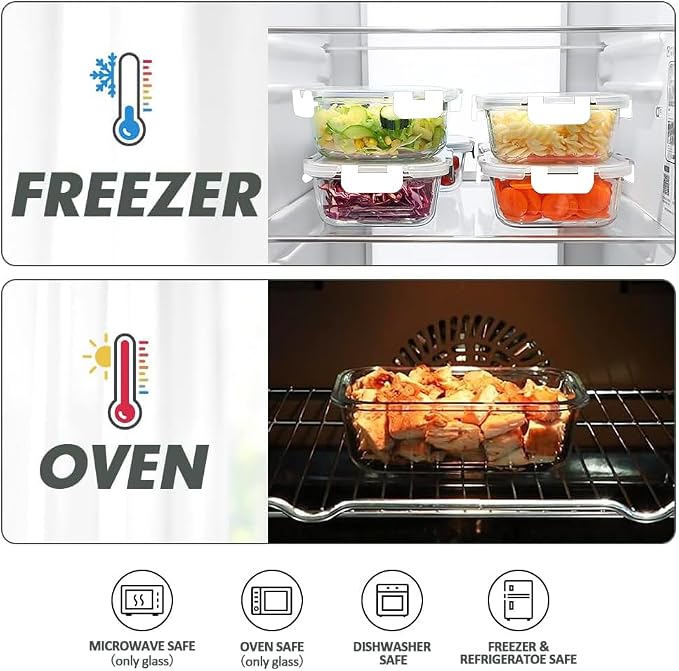 VERONES 12 Packs Glass Food Storage Containers Set with Lids, White | Airtight Glass Lunch Containers, Glass Meal Prep Containers with Lids, for Microwave, Oven, Freezer & Dishwasher Friendly