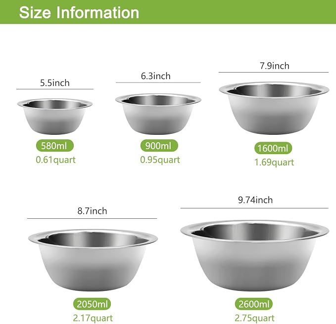 Mixing Bowls Set, Stainless Steel Mixing Bowl Set of 5, Space-Saving Nesting Metal Mixing Bowls for Home Kitchen, RV Kitchen, Baking, Prep, Cooking, Serving, Marinating