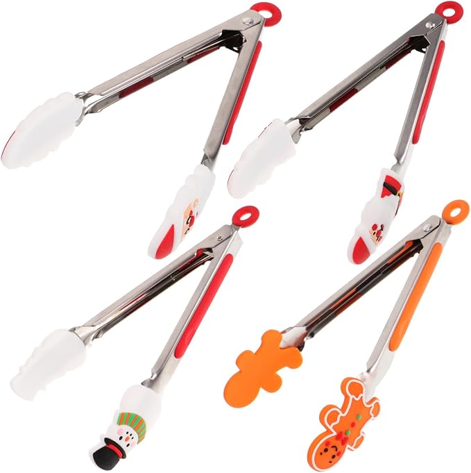 4PCS Christmas Silicone Mini Tongs, 8 Inch Christmas Style Tongs, Small Colourful for Serving Food, Ice Cube, fruits, Sugar