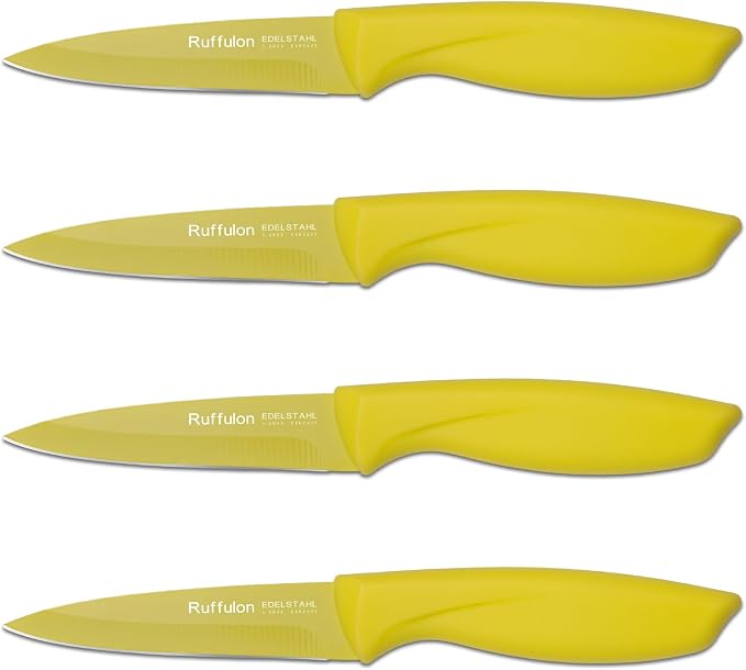Paring Knife set, 4-piece set of 3.5-inch yellow knives. | Straight blade with pointed tip design PP plastic ergonomic handle Specifically designed for cutting fruits and vegetables