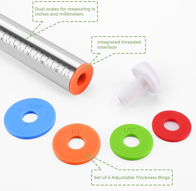 Adjustable Thickness Rings Rolling Pin & Silicone Baking Pastry Mat Set-Red | Stainless Steel Dough Roller,Baking Supplies for Cake Pop Cookie Fondant Pizza Cake Pasta