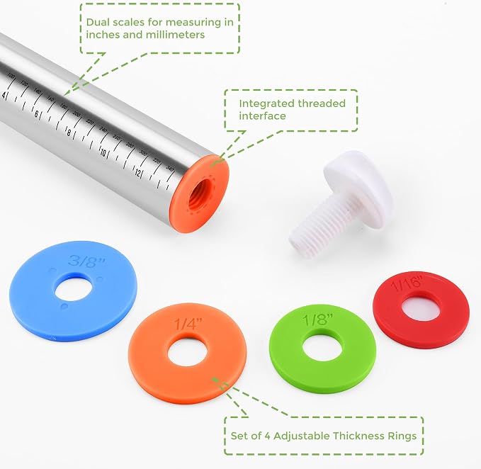 Adjustable Thickness Rings Rolling Pin and Silicone Baking Pastry Mat Set | Stainless Steel Dough Roller,Baking Supplies for Cookie Cake Pop Fondant Pizza Cake Pasta (Black)