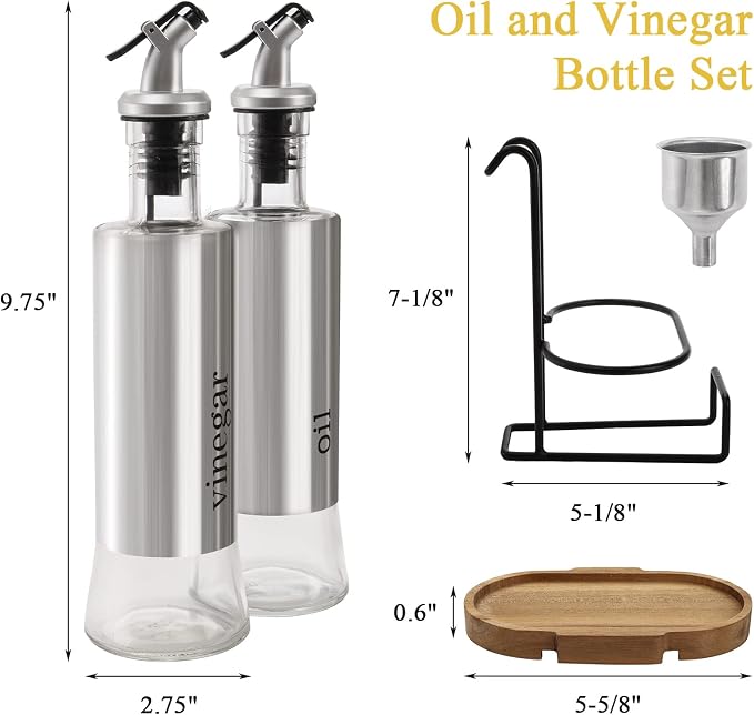 Tebery 2 Pack Olive Oil and Vinegar Bottle Set with Rack and Wooden Base, 10OZ Olive Dispenser Glass Cooking Oil Cruet Bottles with Pourers and Funnel for Kitchen