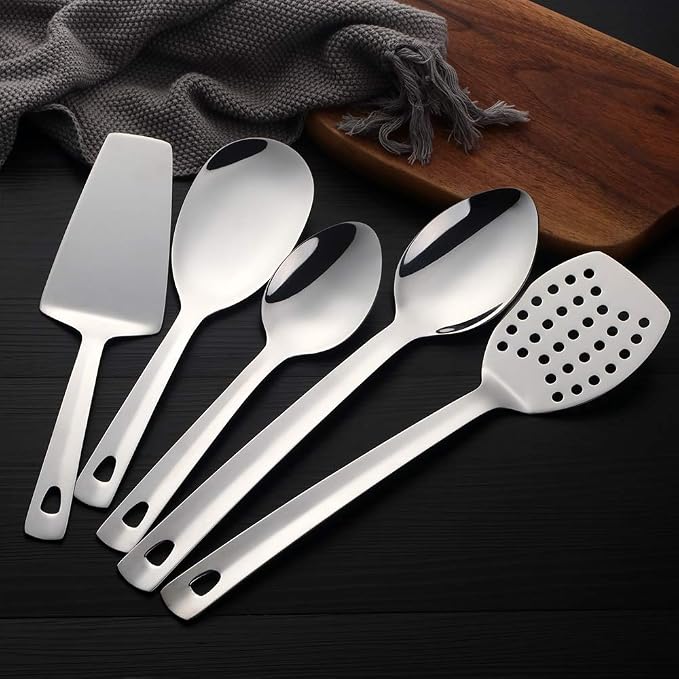 12 Pcs Cooking Utensil Set, Stainless Steel Silver Titanium Plated Cookware Sets with Public Fork/Spoon, Cake Shovels, Spatula, Ladles, Solid Spoon, Slotted Spoon, Pasta Server, Kitchen Tool Gadget