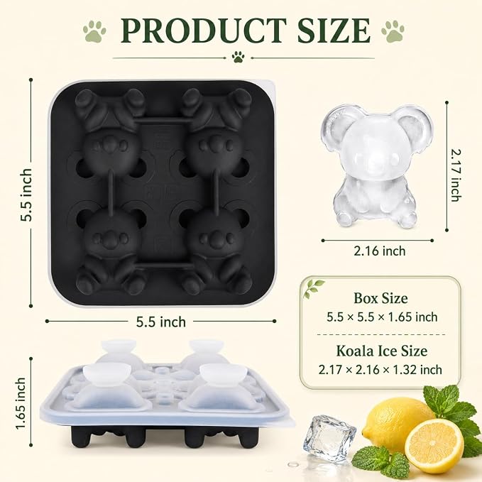 Koala Ice Cube Tray Mold - Cute Fun Whiskey Ice Molds Gifts for Women Men | 3D Koala Shape Cute Ice Molds for Whiskey Bourbon, 4-Hole Large Fun Shapes Funny Gifts, for Animals Lovers Women Men