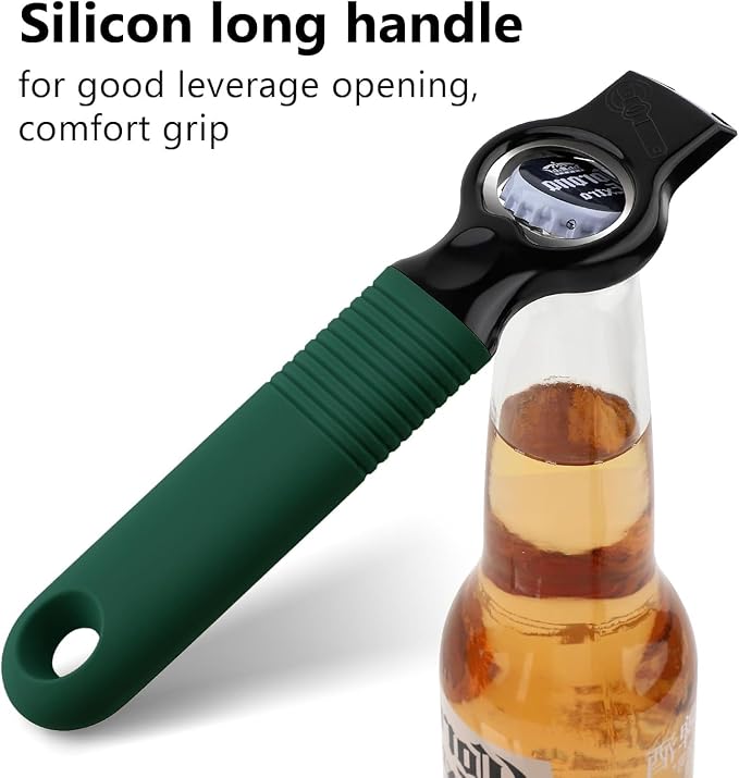 2Pack Magnetic 2-in-1 Beer Bottle Cap & Soda Can Opener-Dark Green | Soft Silicone Handle with Built-in Magnet Sticks to Fridges / Easy Can Tab Opener for Bartenders, Seniors, and Long nails