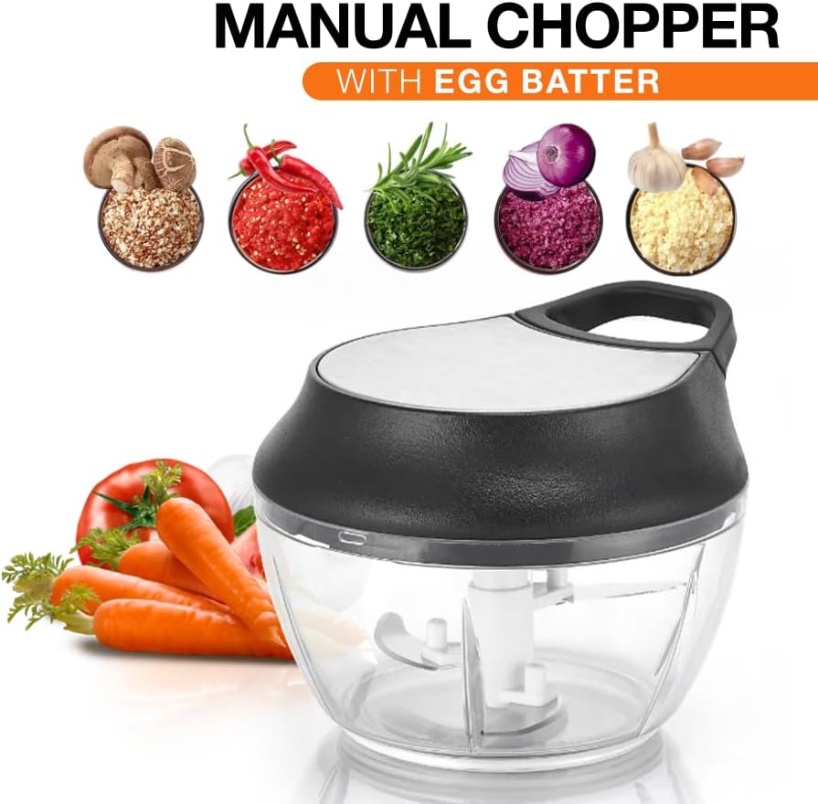 Manual Food Processor Vegetable Chopper, Portable Hand Pull String Garlic Mincer Onion Cutter for Veggies, Ginger, Fruits, Nuts, Herbs, etc., 2 Cup With Egg Batter and Garlic Peeler, W1031-1