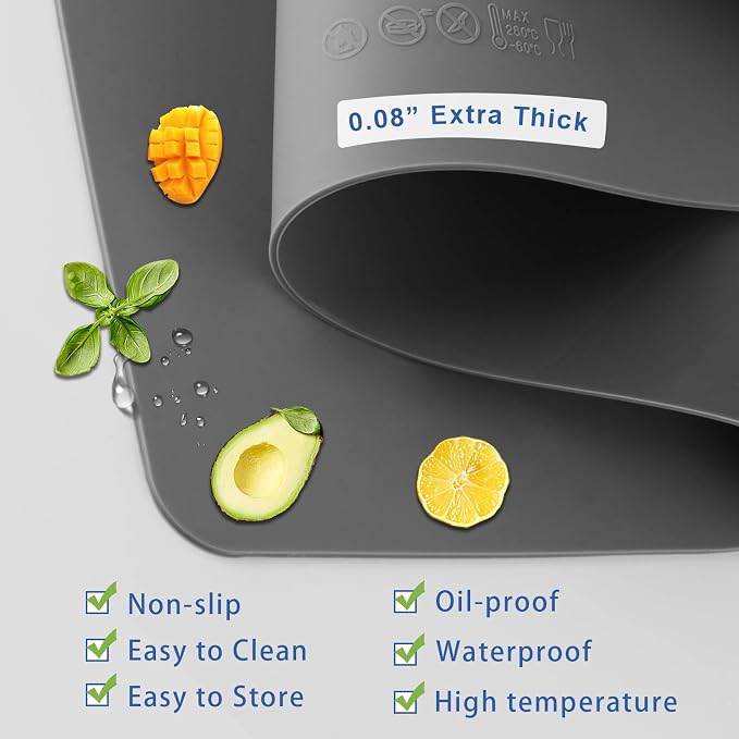 Food-Grade Silicone mat，2MM Extra Thick Silicone Mats for Kitchen Counter, 25.6" x17.7" Non-Slip Waterproof Large Countertop Protector Mat, Heat Resistant Mat, Silicone Placemat (Grey)