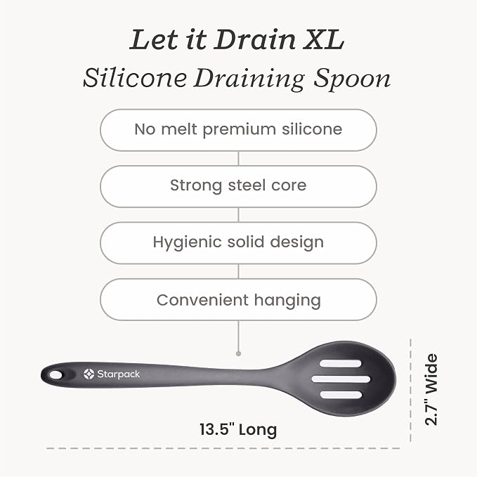 Starpack 'Let it Drain' XL Silicone Slotted Spoon(13.5 Inches) - Large Slotted Spoon for Cooking Heat Resistant to 600°F - Silicone Slotted Serving Spoons, Non Stick Slotted Cooking Spoon