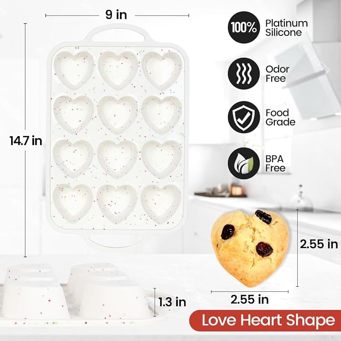 CAKETIME Heart Shaped Silicone Muffin Pan, Metal Reinforced Frame 12 Cups Silicone Molds for Valentine's Day Baking Muffins, Cupcakes, Tartlets, Egg Bites, Chocolate Muffin, Soaps 2 Pack