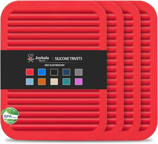 4 Pack Square Silicone Trivets | Hot Pads for Kitchen, Hot Pots and Pans, Hot Dishes, Countertops, Heat Resistance to 480°F, Red