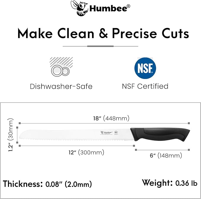 12-Inch Serrated Bread Knife, Premium High Carbon Stainless Steel Blade Knife for Bread with Ergonomic Handle, NSF Certified, DT-30 Series, Black