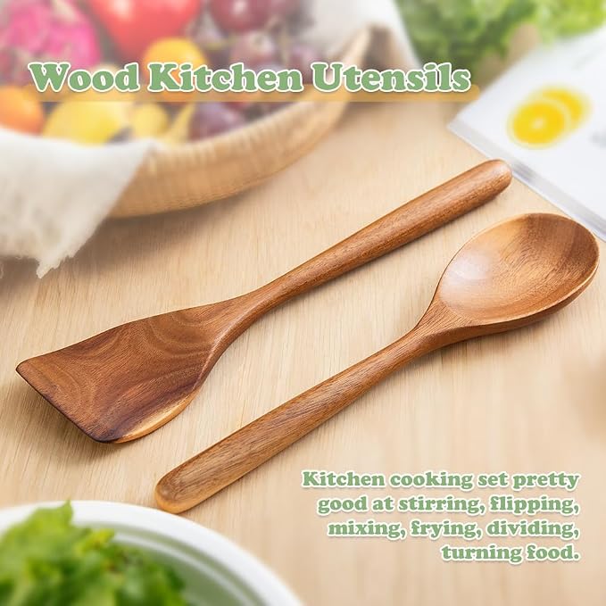 Wooden Cooking Spoon Utensils, 2pcs, Spoons Spatulas Set for Kitchen Cooking, Wood Scraper for Frying Scraping and Mixing, Nonstick Cookware Spatulas Spoon Gadget for Fried Flipping Turning Cooking