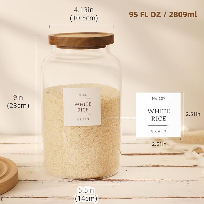 2 Pack Large Glass Flour and Sugar Storage Containers with Airtight Acacia Lids and 132 Kitchen Pantey Labels Preprint - 95 LF OZ Borosilicate Glass Canister Sets for Food,Spaghetti,Cookie,Rice