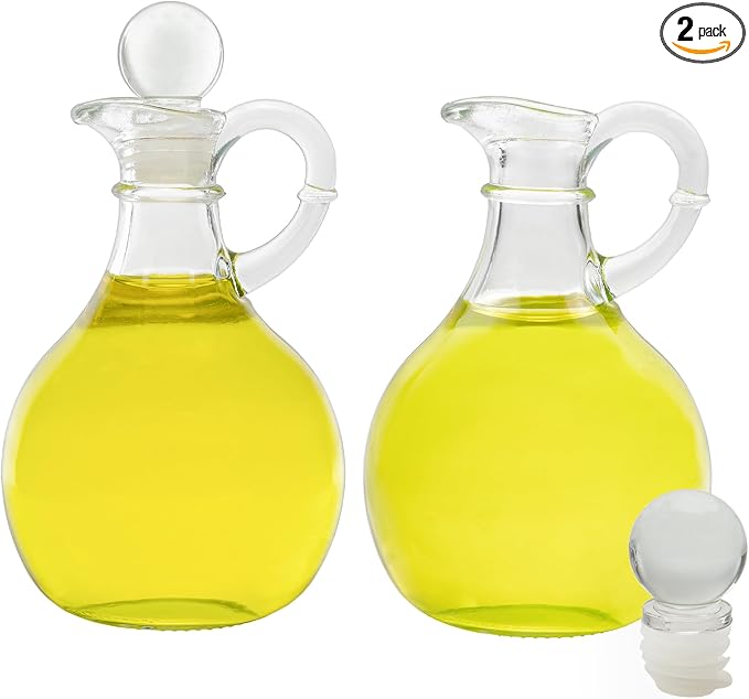 Cornucopia Brands Glass Oil and Vinegar Cruets (Set of 2); 8oz Round Oil Dispensers/Salad Dressing Bottles with Stoppers