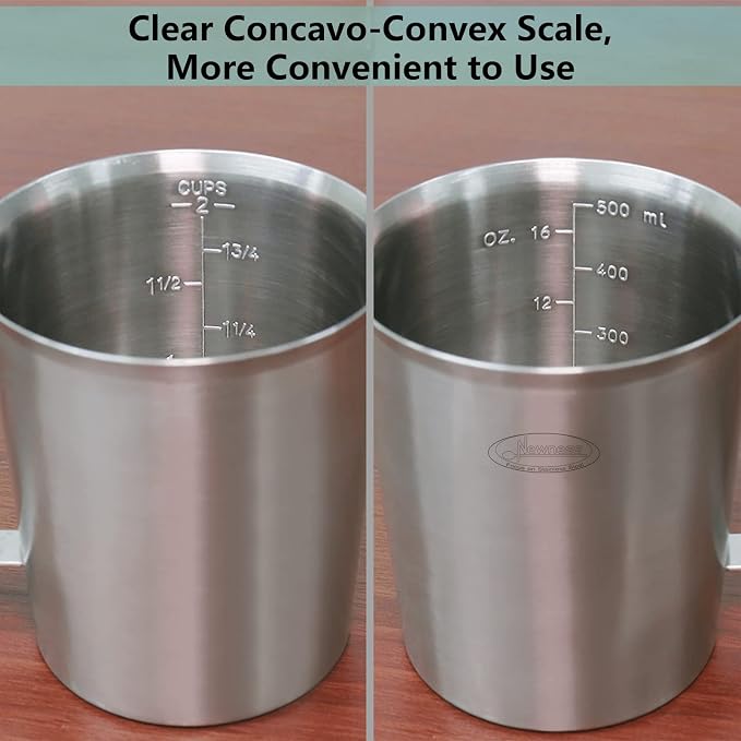 Newness Stainless Steel Measuring Cup, Metal Measuring Cup with Handle (Upgraded, 3 Marking Including Cup/ML/Ounce Scale), 16 Ounces (0.5 Liter, 2 Cup) (Pack of 2)
