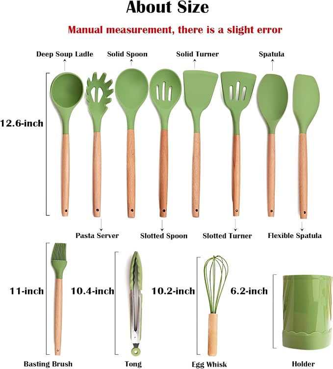 1pcs Avocado Green Silicone Cooking Utensils with Wooden Handle Heat Resistant Silicone Spoon Spatula Set for Nonstick Cookware