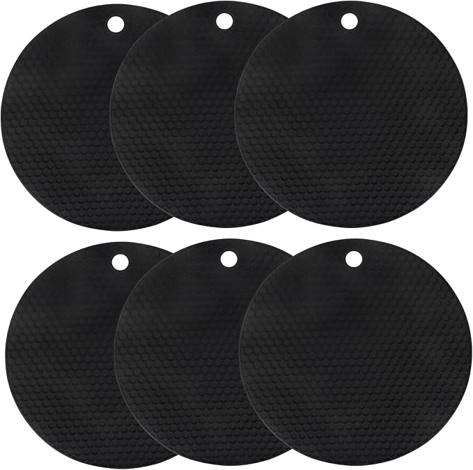 Silicone Trivet Mat, 6Pcs, Black | Non Slip, Heat Resistant, Extra Thick, Large, Multipurpose