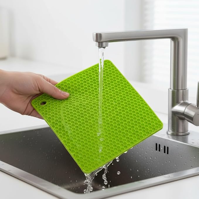 6-Pack Silicone Trivet Mats, Heat Resistant Hot Pads, Dishwasher Safe Kitchen Mats, BPA-Free Pot Holders for Table, Countertop, Stove, Honeycomb Design (Green, 7" Square)