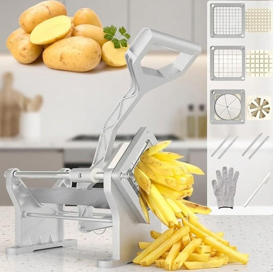 Sunvivi Commercial French Fry Cutter, Heavy Duty Potato Slicer with 3 Replaceable blades (1/2, 3/8 Inch, 6-wedge Slicer), Professional Fries Cutter for Restaurant & Home Kitchen, Stainless Steel
